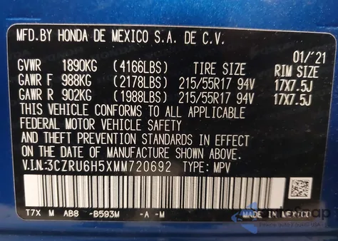 2021 Honda Hr-V Awd Ex z USA, uszkodzony, nr VIN 3CZRU6H5XMM720692